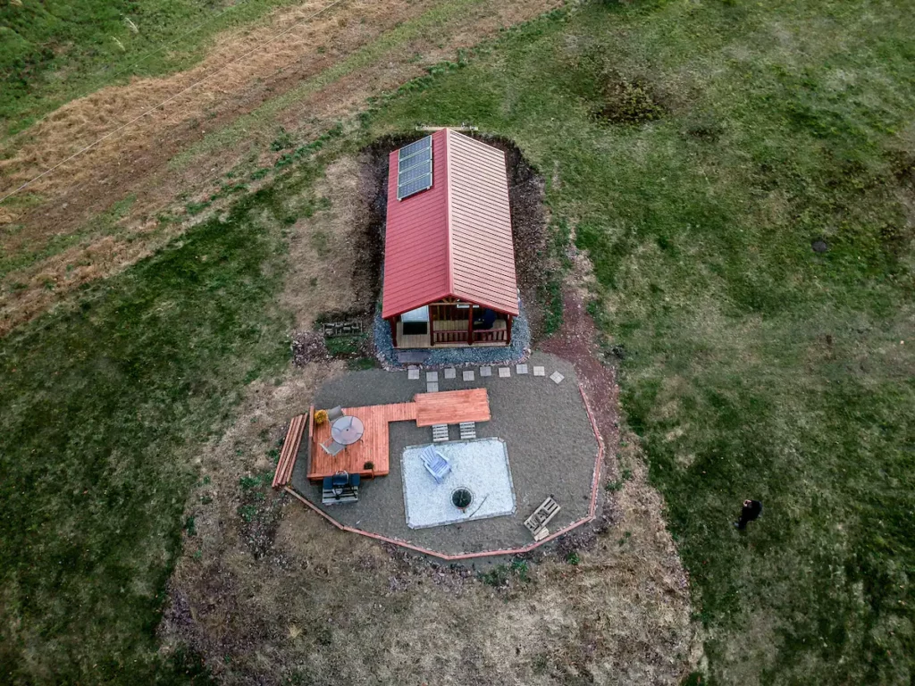 Aerial view of a secluded cabin