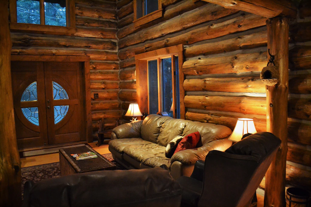 Dark wood cabin interior